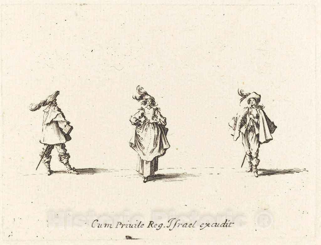 Art Print : Jacques Callot, Lady with Plumes, and Two Gentlemen, 1634 - Vintage Wall Art