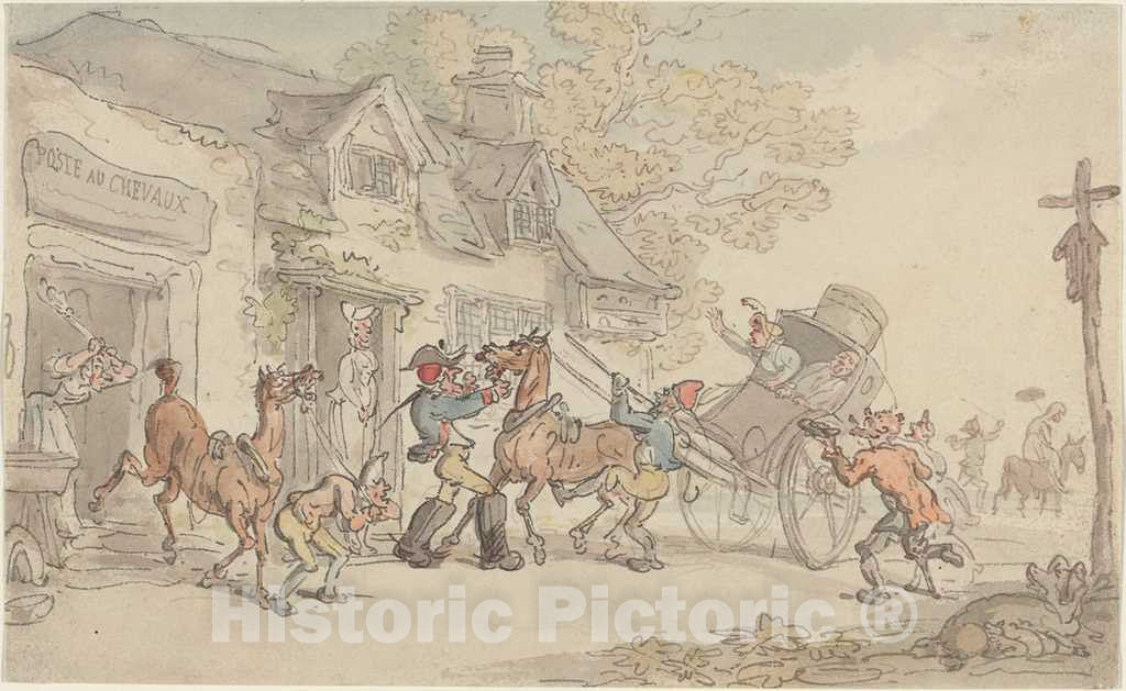 Art Print : Rowlandson, Changing Horses at a Post House in France, c. 1790 - Vintage Wall Art