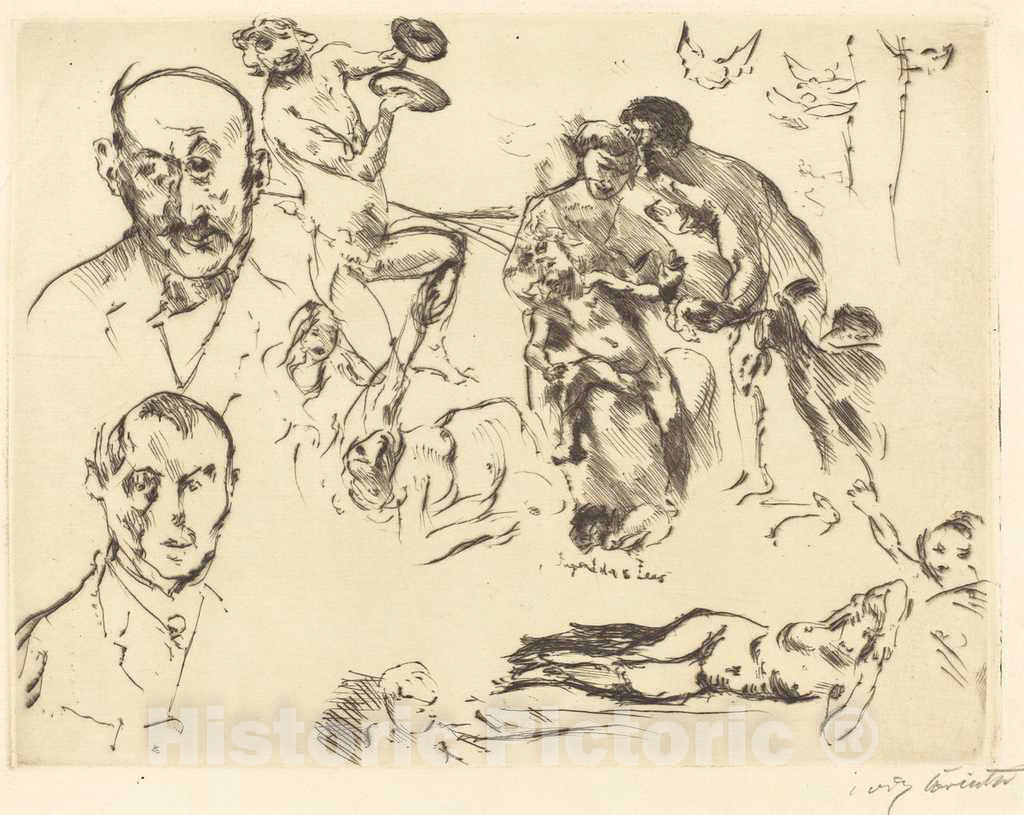 Art Print : Lovis Corinth, Plate of Sketches, Including one of Max Liebermann, c. 1915 - Vintage Wall Art