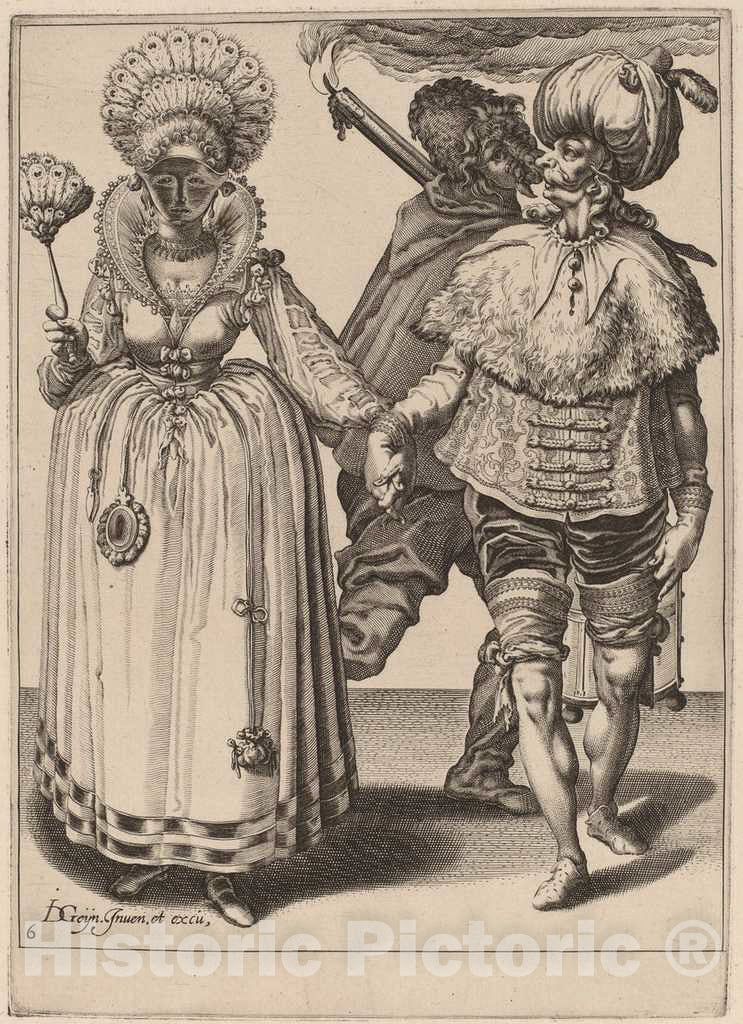 Art Print : Dolendo After Gheyn II, A Man with a Turban Leading a Woman Wearing Peacock Feathers, c.1596 - Vintage Wall Art