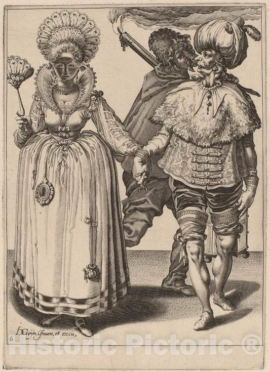 Art Print : Dolendo After Gheyn II, A Man with a Turban Leading a Woman Wearing Peacock Feathers, c.1596 - Vintage Wall Art