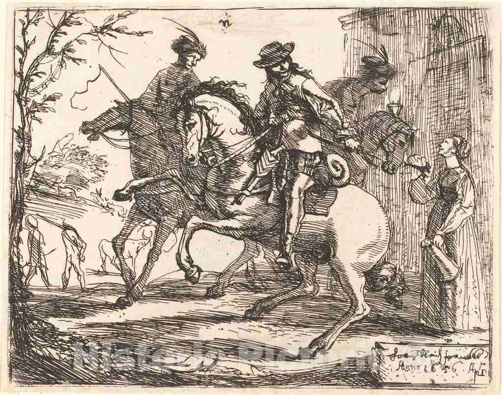 Art Print : Hans Ulrich Franck, Three Riders Before an Inn, 1656 - Vintage Wall Art