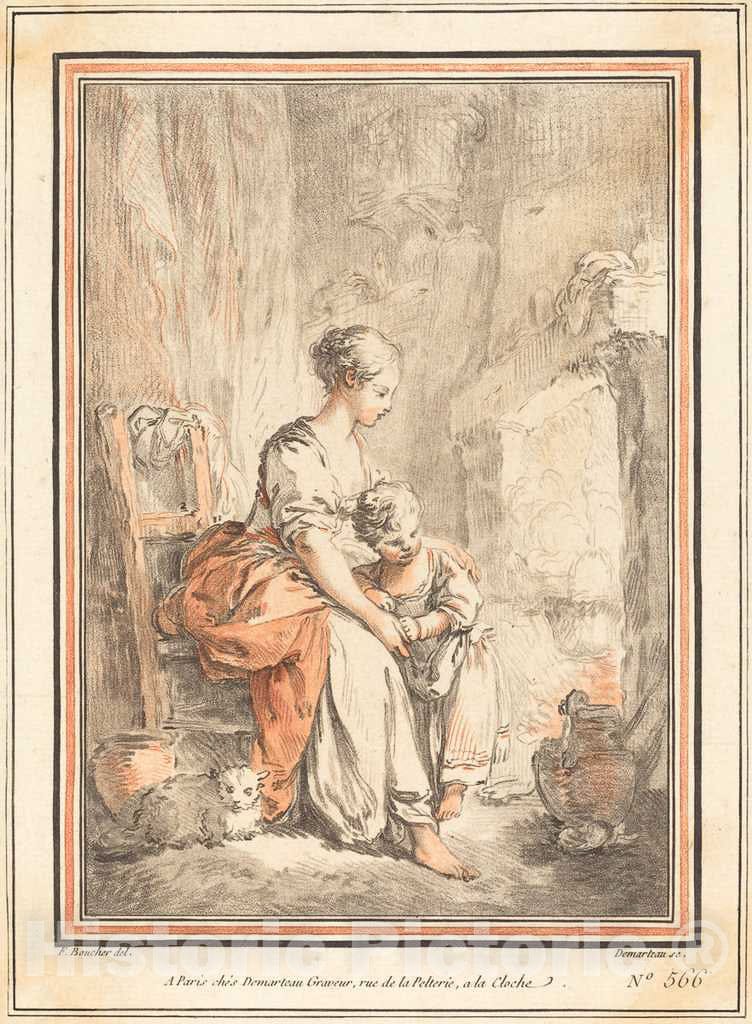 Art Print : Demarteau After Boucher, Woman and Child Before a Fireplace - Vintage Wall Art