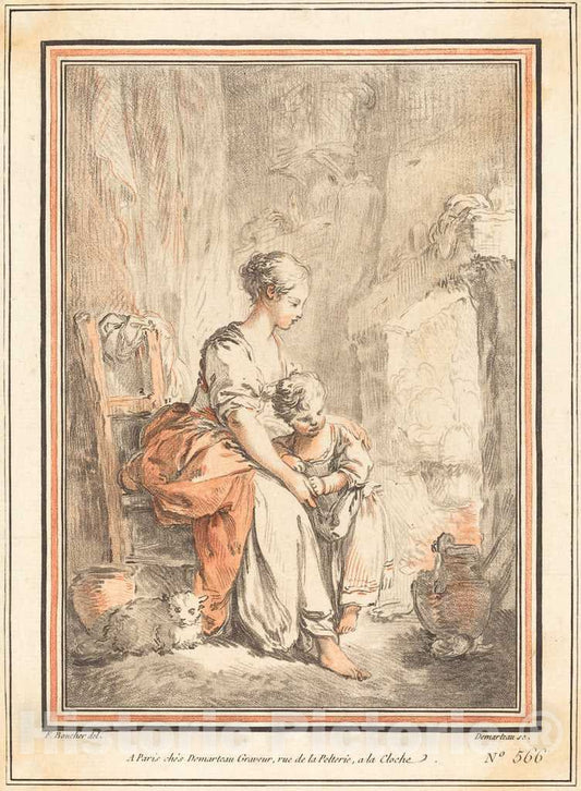 Art Print : Demarteau After Boucher, Woman and Child Before a Fireplace - Vintage Wall Art