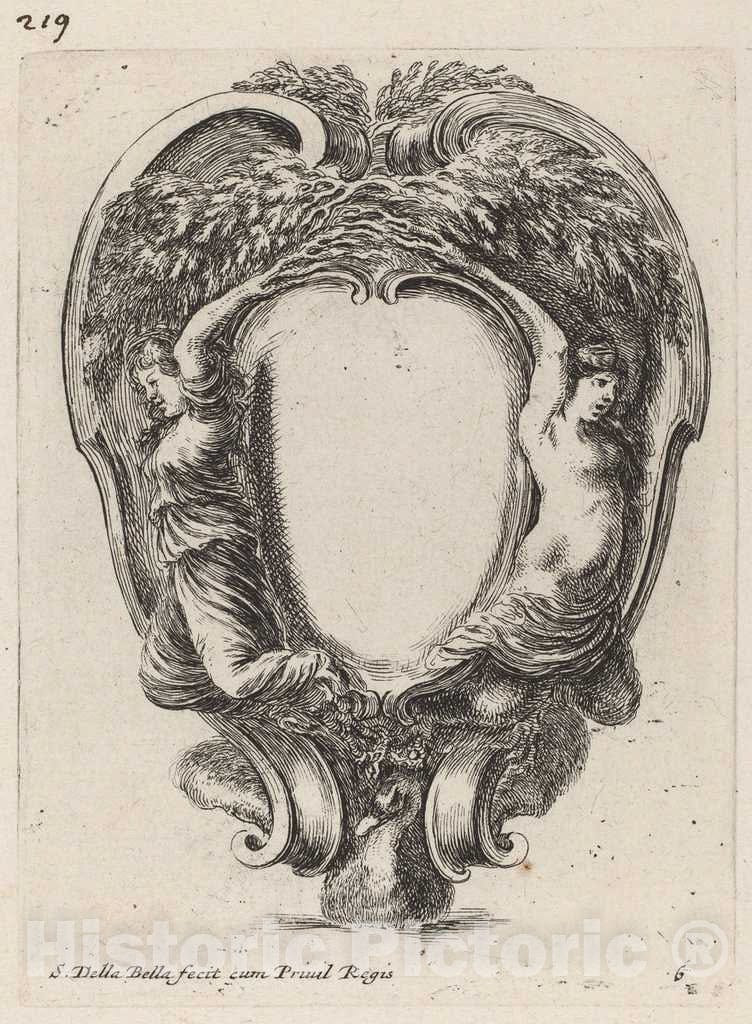 Art Print : Stefano Della Bella, Cartouche with Two Nymphs Metamorphosed into Trees, 1647 - Vintage Wall Art