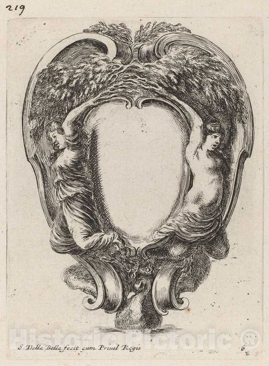 Art Print : Stefano Della Bella, Cartouche with Two Nymphs Metamorphosed into Trees, 1647 - Vintage Wall Art