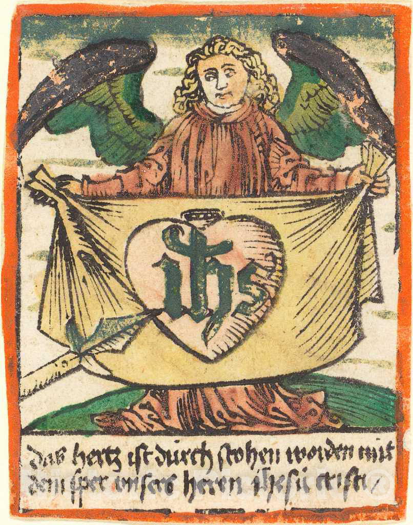 Art Print : Sacred Monogram in a Sacred Heart on a Cloth Held by an Angel, c. 1480 - Vintage Wall Art