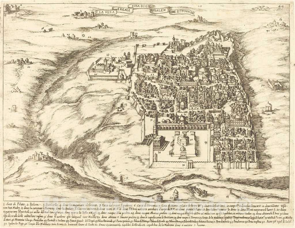 Art Print : Jacques Callot, Aerial View of The City of Jerusalem, 1619 - Vintage Wall Art