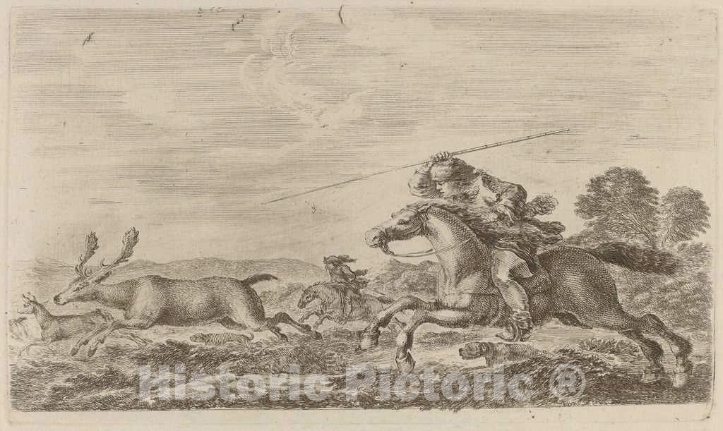 Art Print : Stefano Della Bella, Deer Chased by Two Cavaliers - Vintage Wall Art
