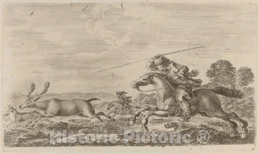 Art Print : Stefano Della Bella, Deer Chased by Two Cavaliers - Vintage Wall Art