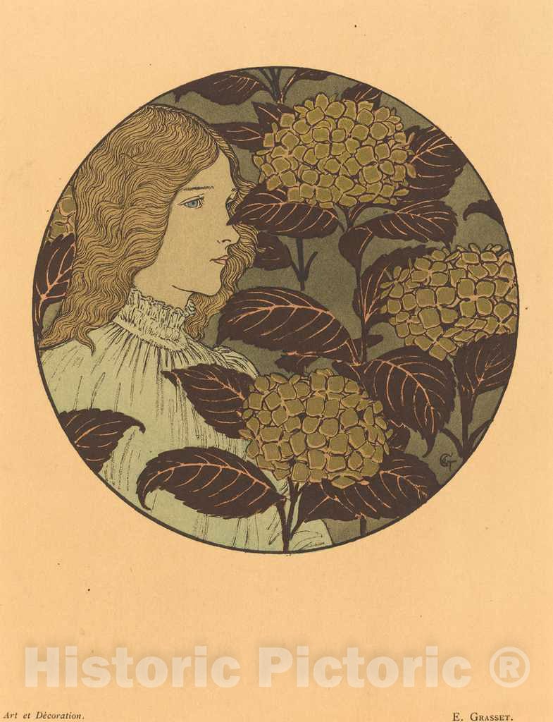 Art Print : EugÃ¨ne Grasset, Roundel Portrait of a Girl - Vintage Wall Art