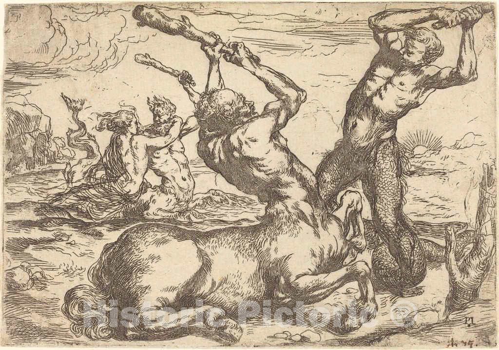 Art Print : Circle of Jusepe de Ribera, Battle Between a Centaur and a Triton - Vintage Wall Art