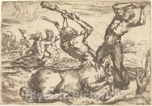 Art Print : Circle of Jusepe de Ribera, Battle Between a Centaur and a Triton - Vintage Wall Art