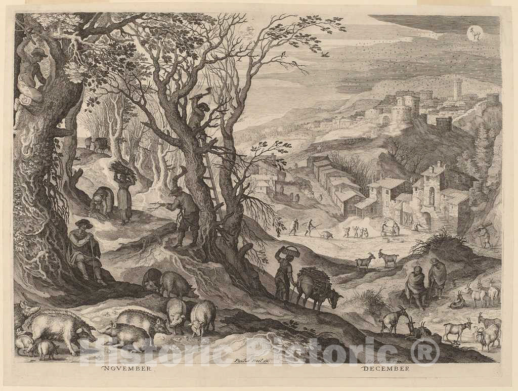 Art Print : Sadeler II After Bril, November and December, 1615 - Vintage Wall Art