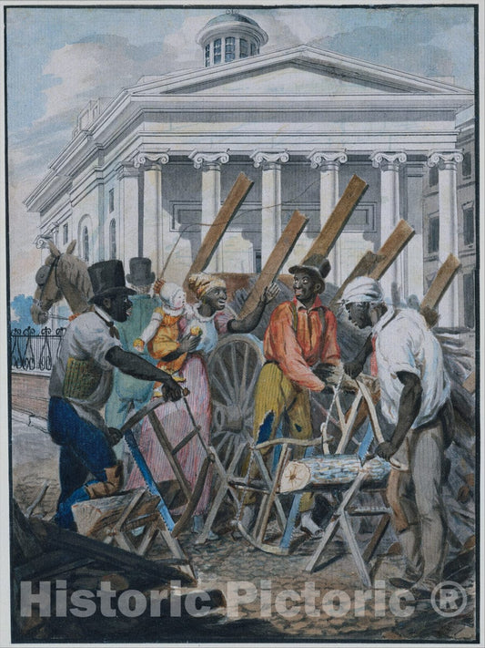 Art Print : John Lewis Krimmel - Black Sawyers Working in Front of The Bank of Pennsylvania, Philadelphia : Vintage Wall Art
