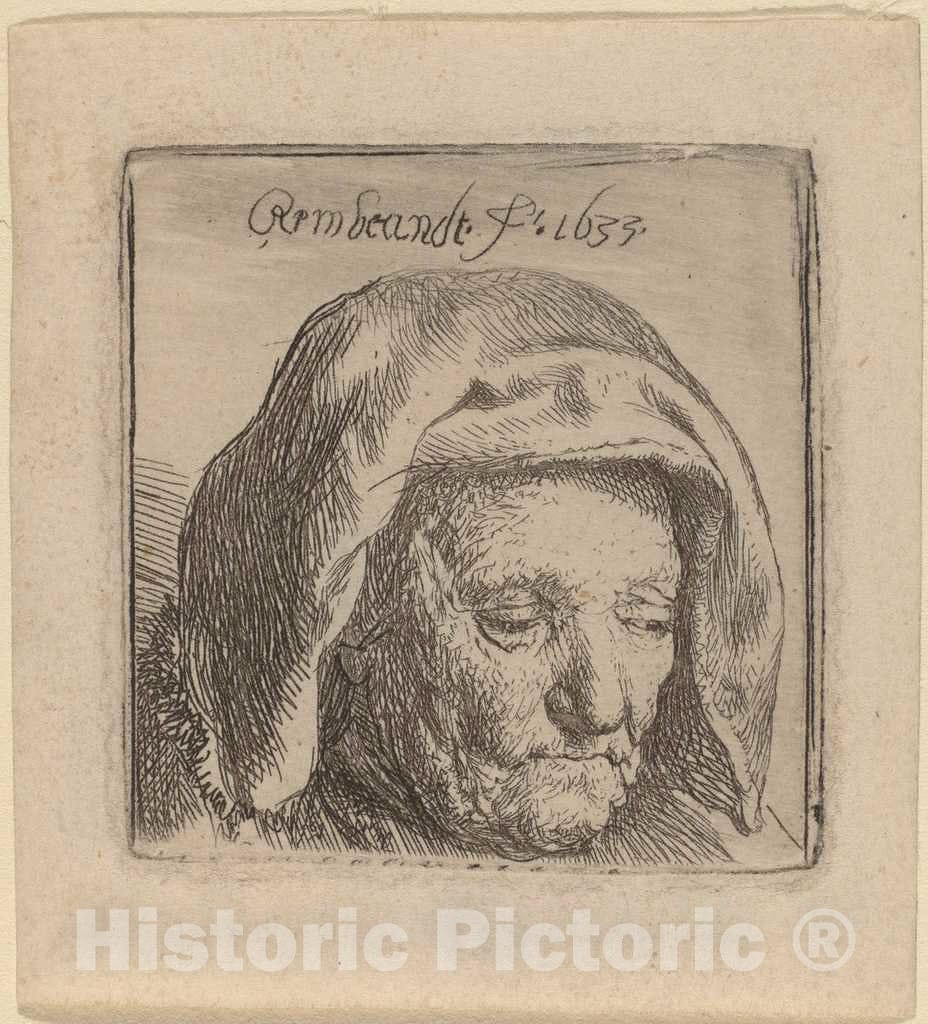 Art Print : Rembrandt, The Artist's Mother in a Cloth Headdress, Looking Down, 1633 - Vintage Wall Art