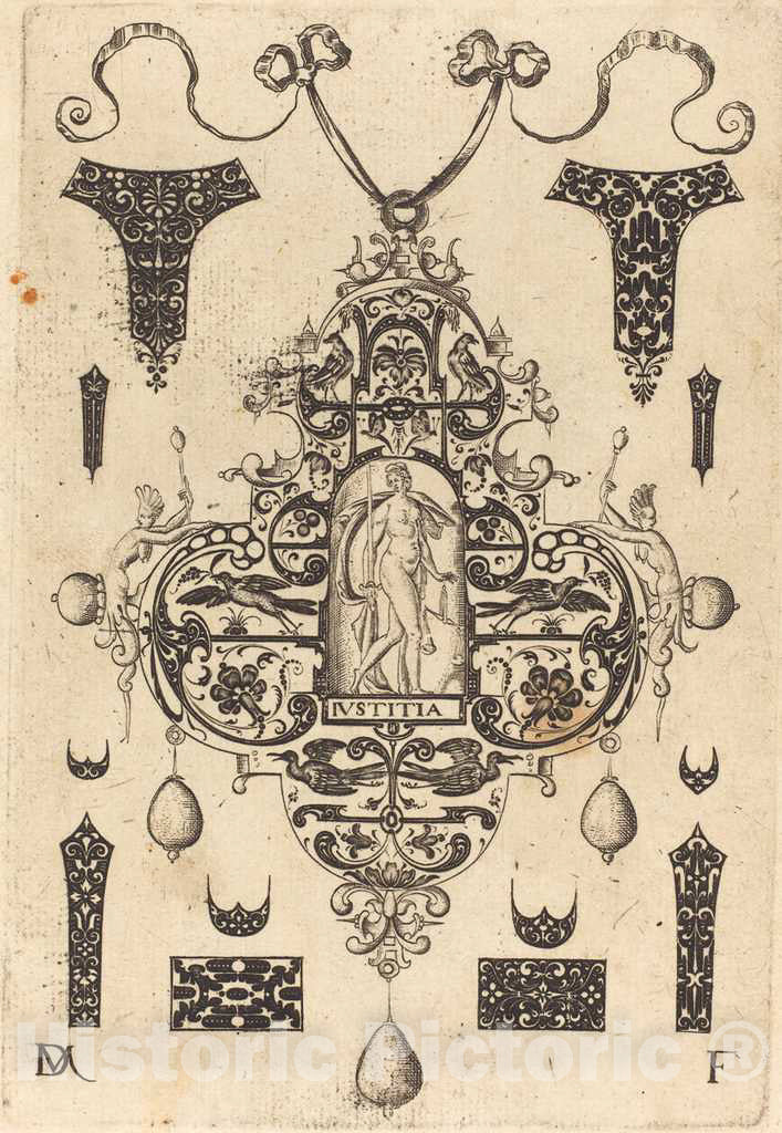 Art Print : Daniel Mignot, Large Pendant, Justice Standing at Centre, 1593 - Vintage Wall Art