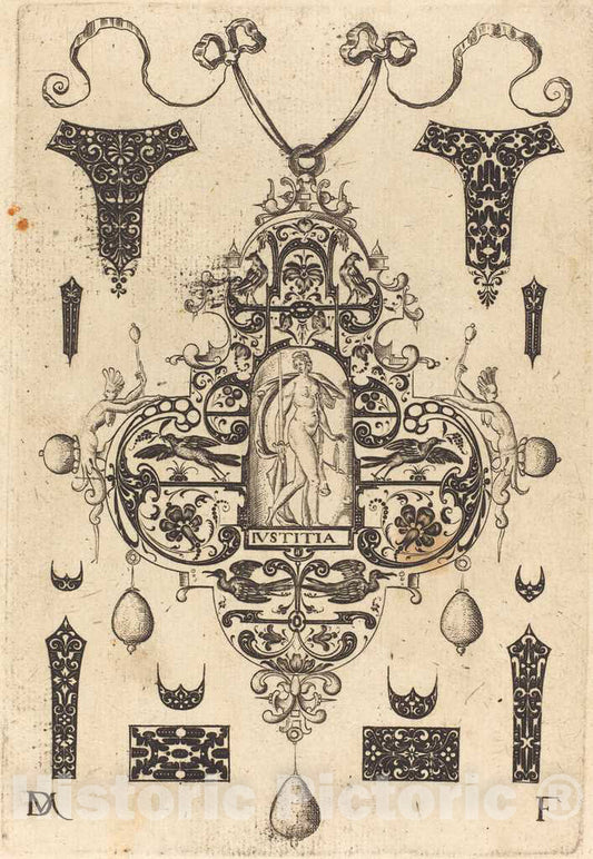 Art Print : Daniel Mignot, Large Pendant, Justice Standing at Centre, 1593 - Vintage Wall Art