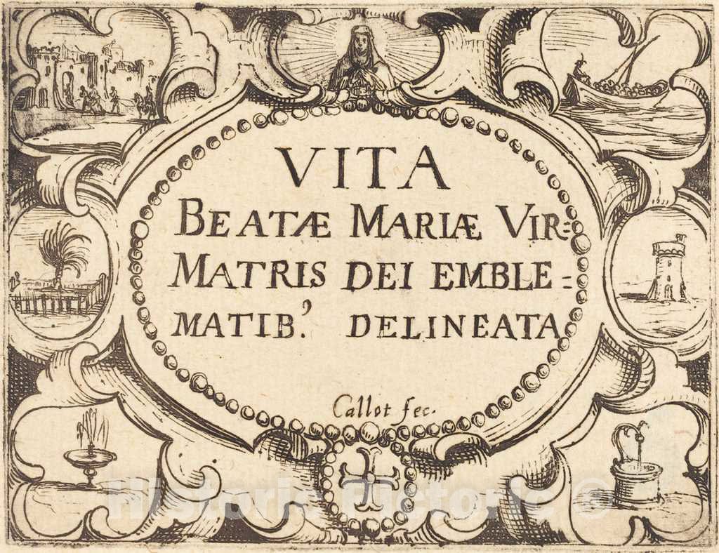 Art Print : Jacques Callot, Title Page for The Life of The Virgin in Emblems - Vintage Wall Art