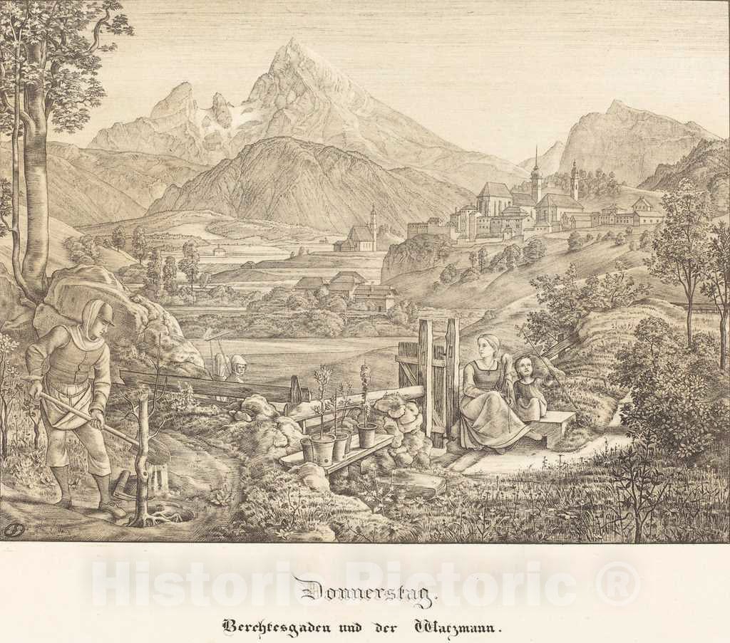 Art Print : Olivier, Donnerstag - Berchtesgaden und der Watzmann (Thursday - Berchtesgaden and The Watzmann Mountain), 1823 - Vintage Wall Art
