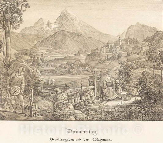 Art Print : Olivier, Donnerstag - Berchtesgaden und der Watzmann (Thursday - Berchtesgaden and The Watzmann Mountain), 1823 - Vintage Wall Art