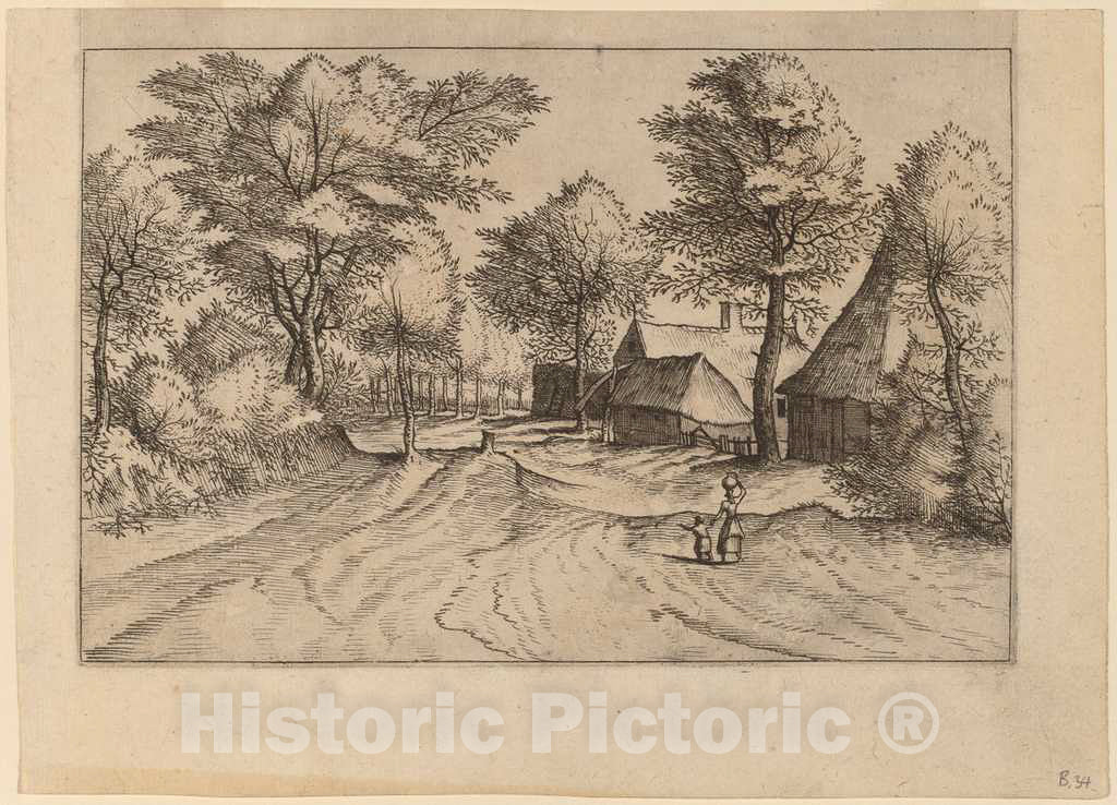 Art Print : Johannes and Lucas Van Doetechum, Village Road with Farm and Sheds, c.1560 - Vintage Wall Art