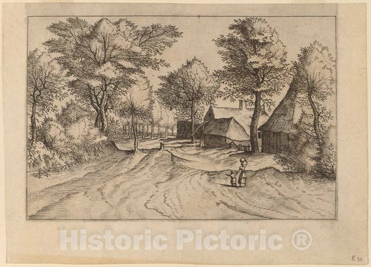 Art Print : Johannes and Lucas Van Doetechum, Village Road with Farm and Sheds, c.1560 - Vintage Wall Art