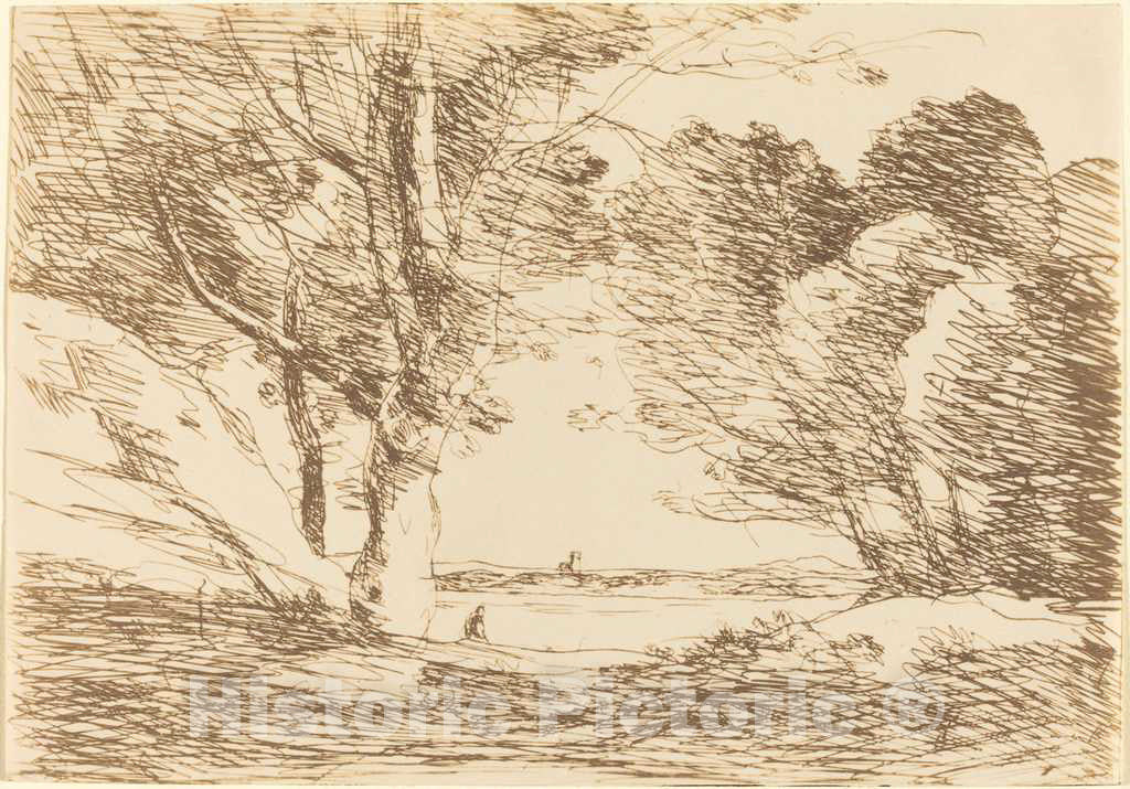 Art Print : Baptiste-Camille Corot, Tower on The Horizon of a Lake (Tour a l'horizon d'un lac), 1871 - Vintage Wall Art
