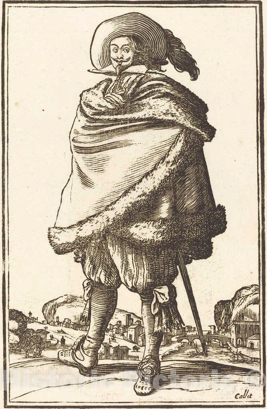 Art Print : Jacques Callot, Noble Man Wrapped in a Mantle Trimmed with Fur - Vintage Wall Art