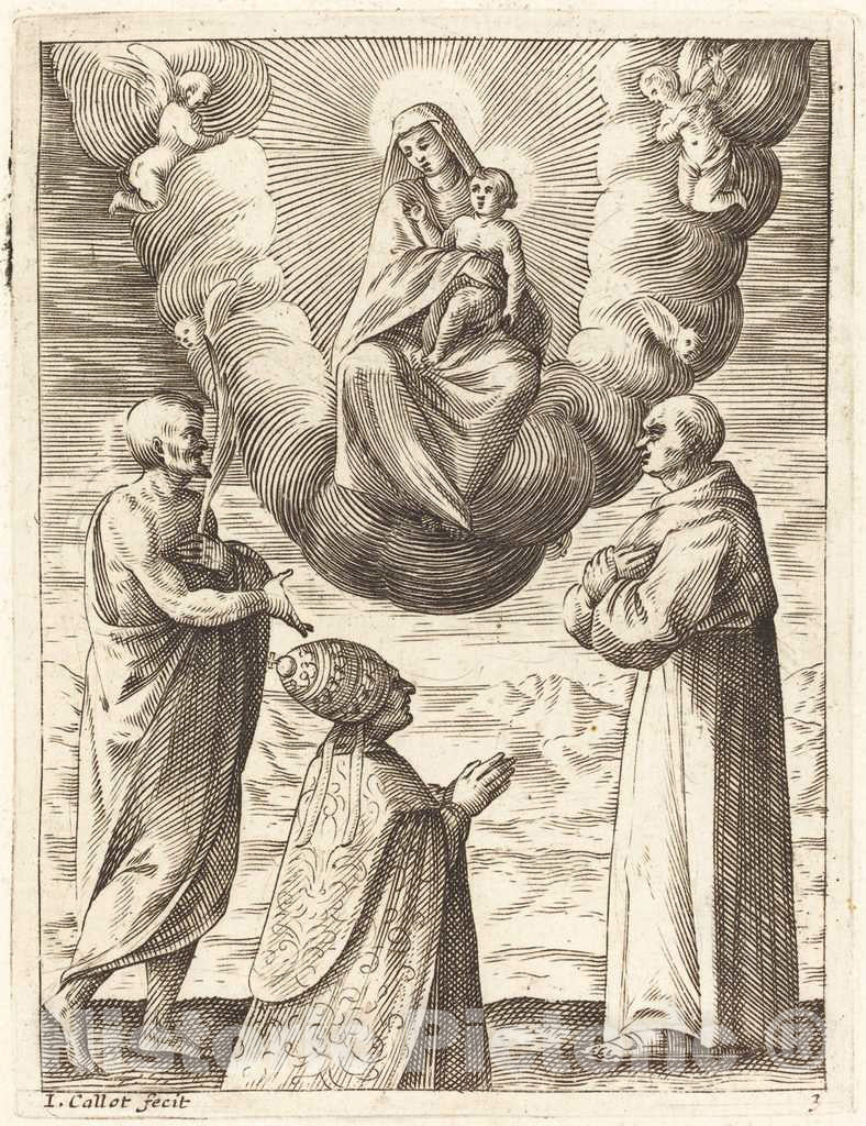 Art Print : Jacques Callot, Boniface VIII with Saints Francis and Crispin Adoring The Virgin and Child, c.1610 - Vintage Wall Art