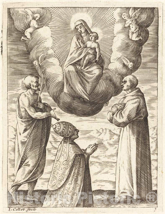 Art Print : Jacques Callot, Boniface VIII with Saints Francis and Crispin Adoring The Virgin and Child, c.1610 - Vintage Wall Art