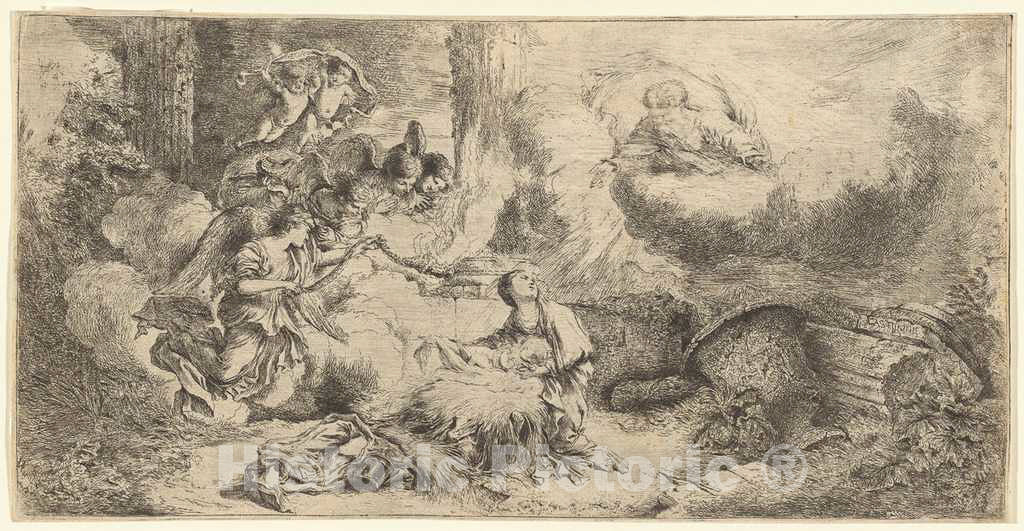 Art Print : Giovanni Benedetto Castiglione, God The Father and Angels Adoring The Christ Child, c. 1655 - Vintage Wall Art