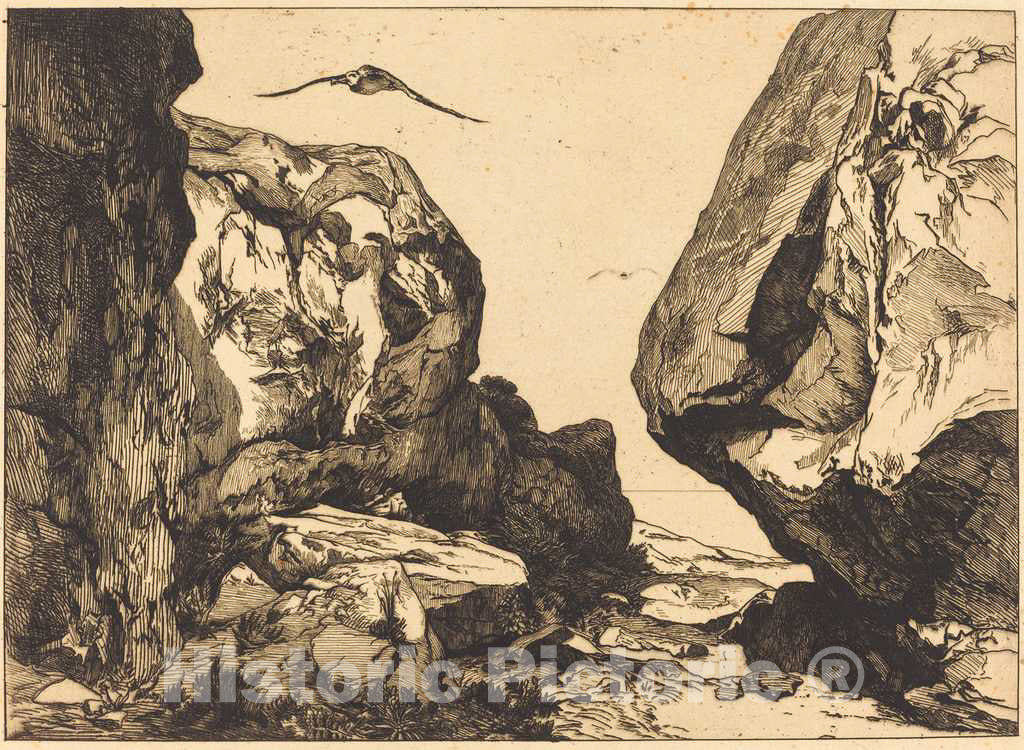 Art Print : Bracquemond After Jules Laurens, Gorge in The Rocks (Gorge Dans les rochers), c.1856 - Vintage Wall Art