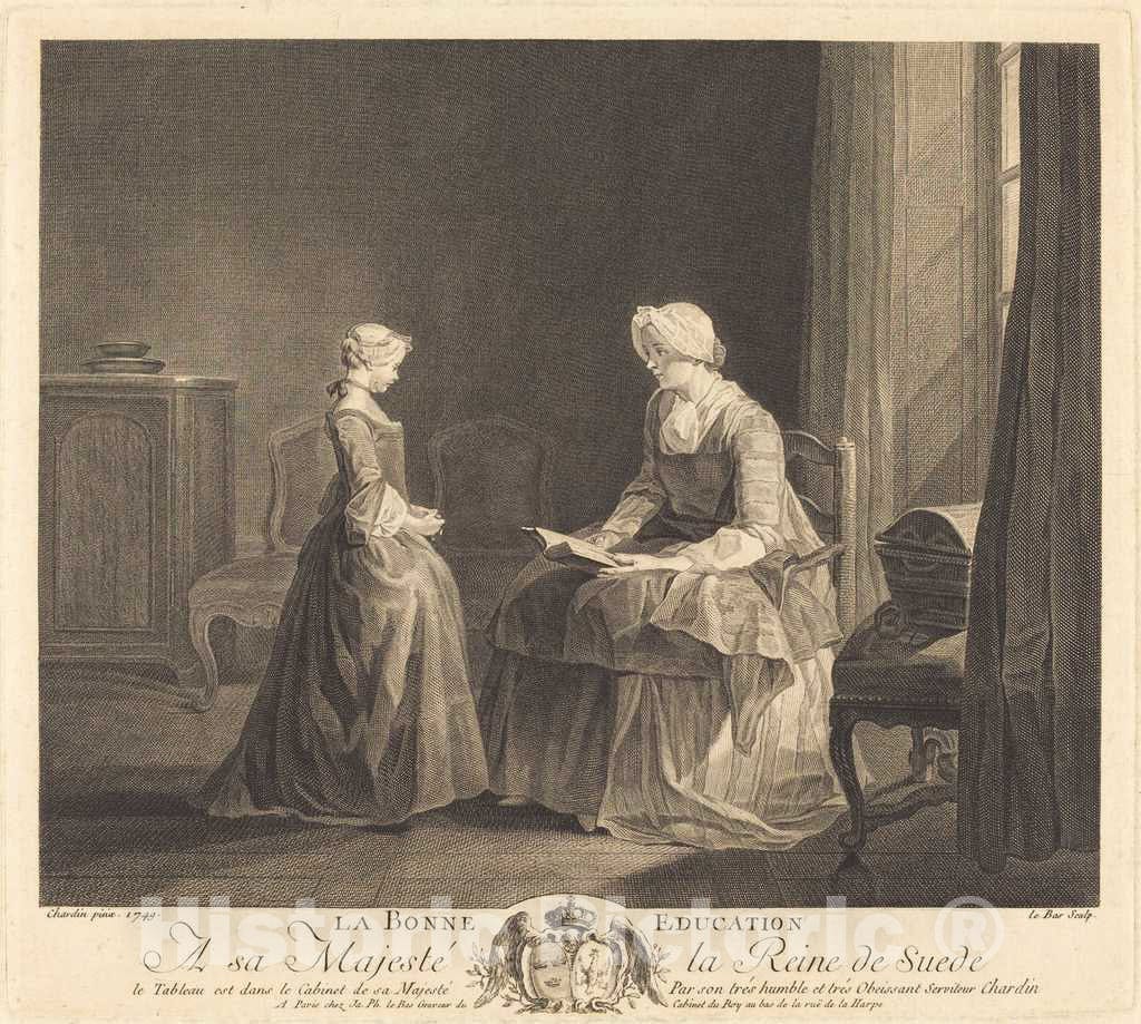 Art Print : Jacques-Le Bas After Chardin, La bonne Education, 1757 - Vintage Wall Art