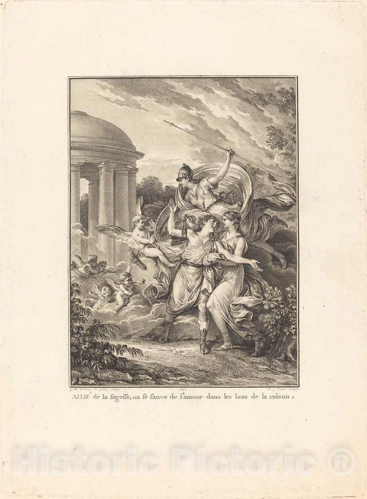 Art Print : Duclos After Michel Moreau, Frontispiece: AidÃ© de la sagesse, on se Sauve de L'Amour Dans les Bras de la raison, 1777 - Vintage Wall Art