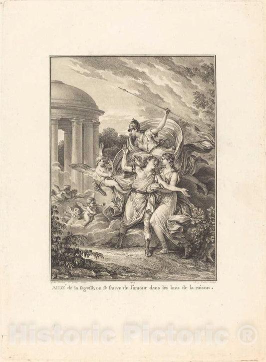 Art Print : Duclos After Michel Moreau, Frontispiece: AidÃ© de la sagesse, on se Sauve de L'Amour Dans les Bras de la raison, 1777 - Vintage Wall Art