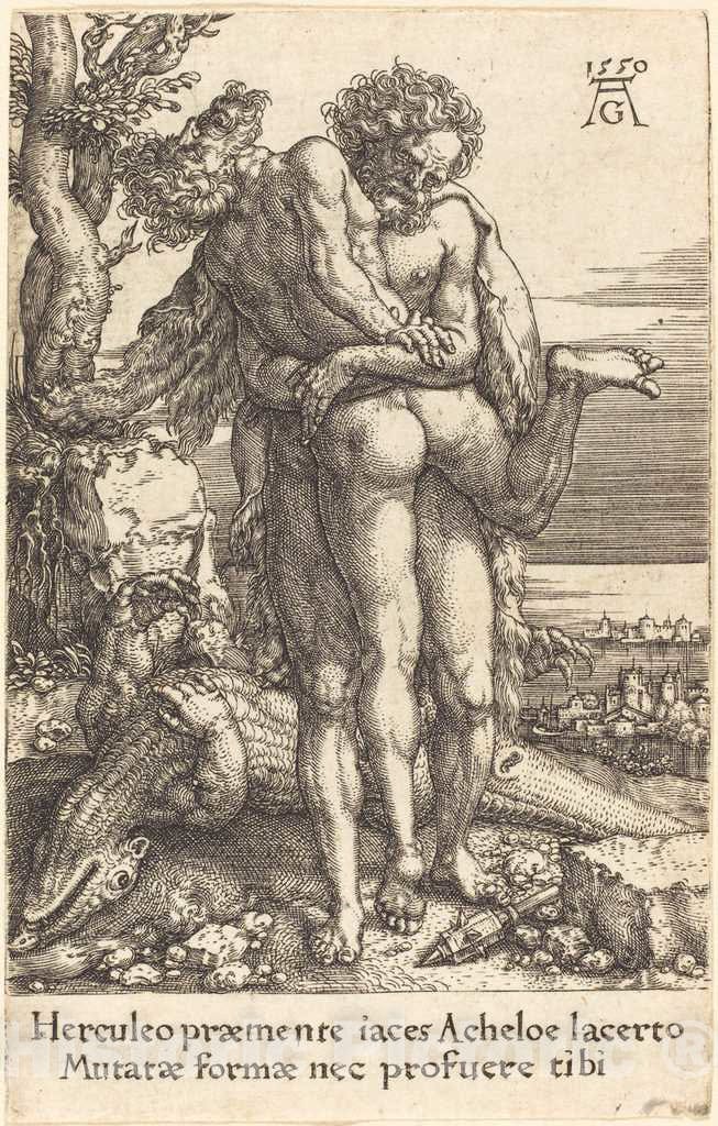 Art Print : Aldegrever, Hercules Fighting The Rivergod Achelus, 1550 - Vintage Wall Art