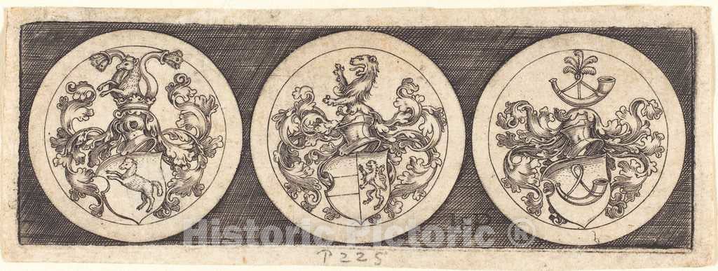 Art Print : Sebald Beham, Three Medals with Coats of Arms - Vintage Wall Art