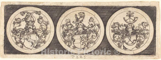 Art Print : Sebald Beham, Three Medals with Coats of Arms - Vintage Wall Art