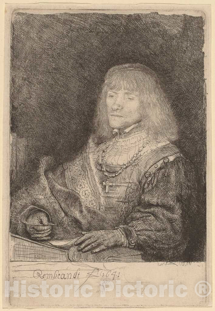 Art Print : Rembrandt, Man at a Desk Wearing a Cross and Chain, 1641 - Vintage Wall Art