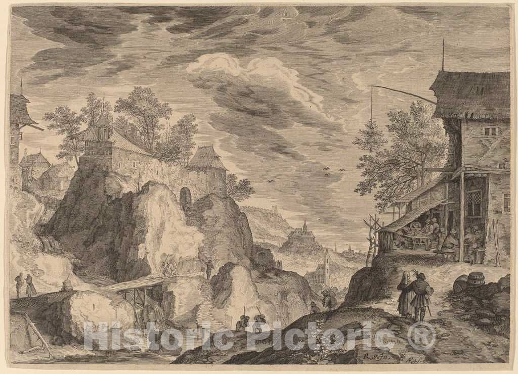 Art Print : Sadeler II After Savery, Landscape with an Inn to The Right and House on Rocks to The Left, c. 1609 - Vintage Wall Art