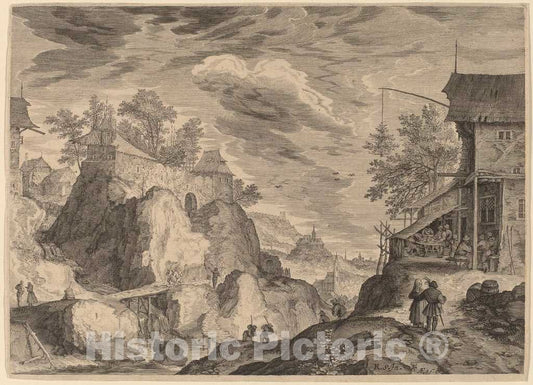 Art Print : Sadeler II After Savery, Landscape with an Inn to The Right and House on Rocks to The Left, c. 1609 - Vintage Wall Art