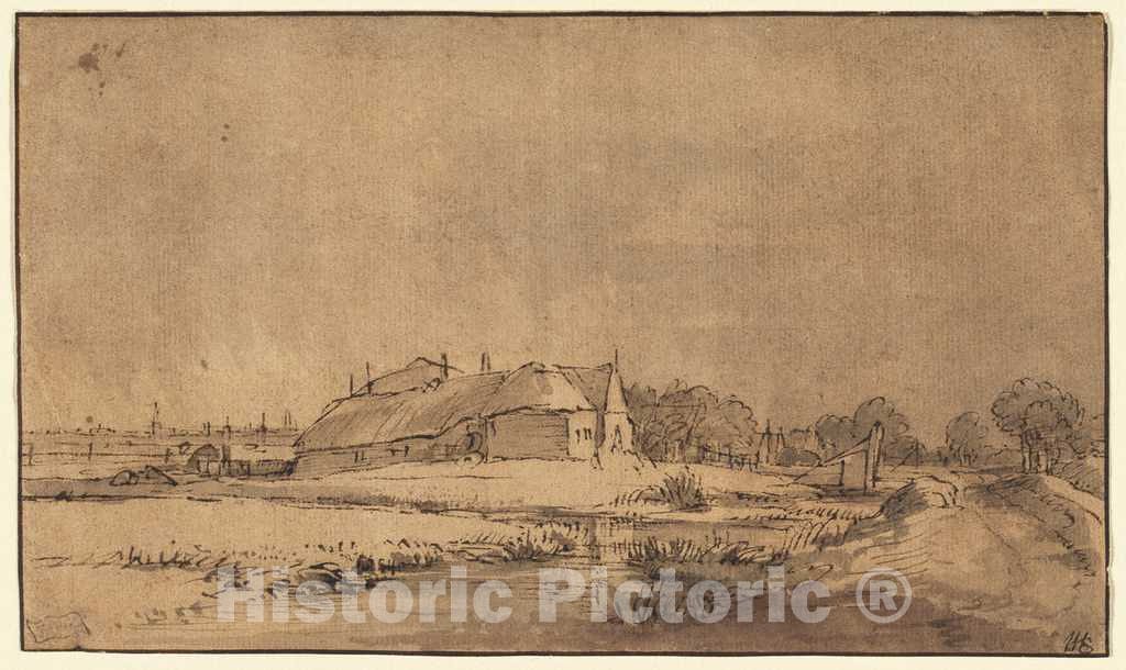 Art Print : Rembrandt, Cottages and Barn Beside a Road, c. 1650 - Vintage Wall Art