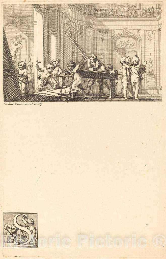 Art Print : Charles-Nicolas Cochin II, Putti Preparing The Interior Decoration of a Mansion, c.1738 - Vintage Wall Art