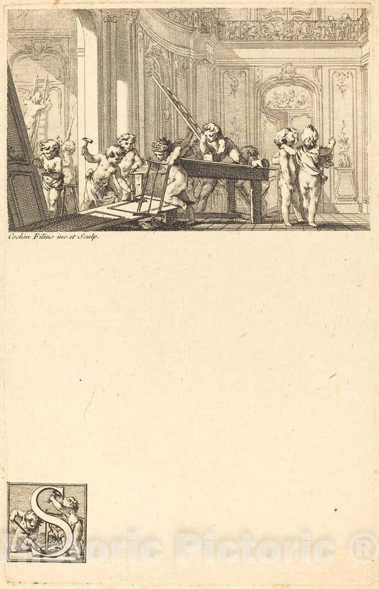 Art Print : Charles-Nicolas Cochin II, Putti Preparing The Interior Decoration of a Mansion, c.1738 - Vintage Wall Art