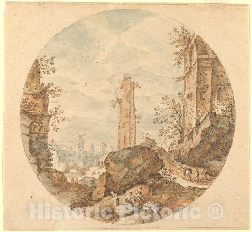 Art Print : Pieter Stevens, Travellers Among Roman Ruins - Vintage Wall Art