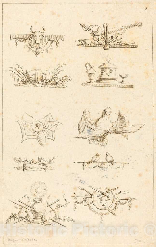 Art Print : Gabriel Huquier After Gillot, Designs for Tail-Pieces: pl. 7, c. 1730 - Vintage Wall Art