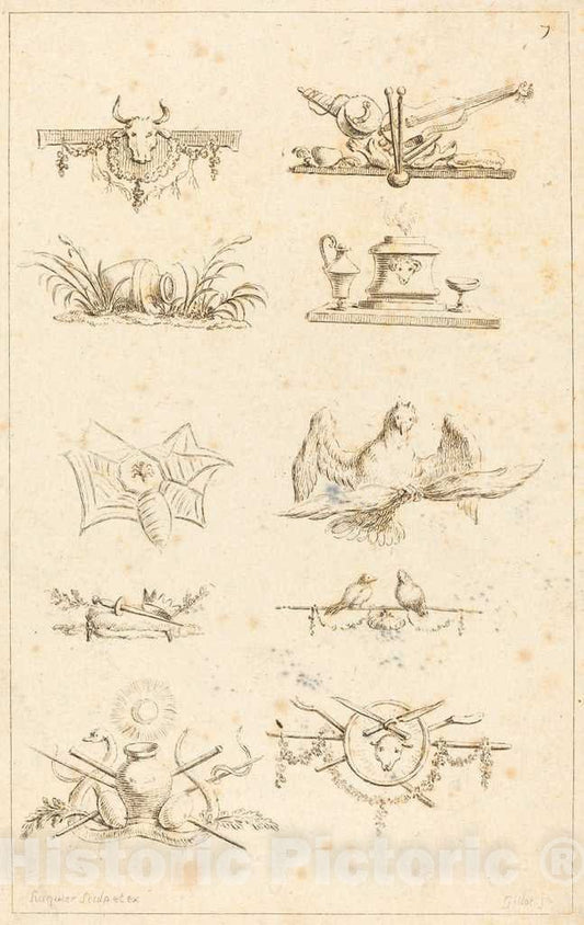 Art Print : Gabriel Huquier After Gillot, Designs for Tail-Pieces: pl. 7, c. 1730 - Vintage Wall Art