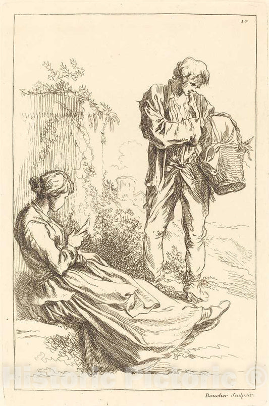 Art Print : Boucher After Bloemaert, Seated Woman with Peasant Boy Holding a Basket, 1735 - Vintage Wall Art