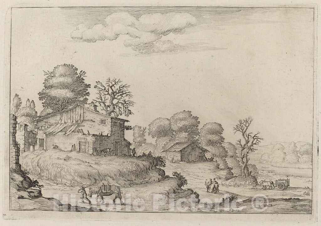 Art Print : Ercole Bazicaluva, Rustic Landscape with Peasants and Horses, 1638 - Vintage Wall Art